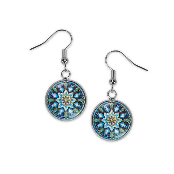 Icy Blue Snowflake Stained Glass Art Christmas Silver Dangle Earrings Gift Idea - Picture 2 of 3